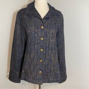 NWOT Coldwater Creek Jean Jkt Gold Accent Studded Floral Pleat Dark Wash SZ 14